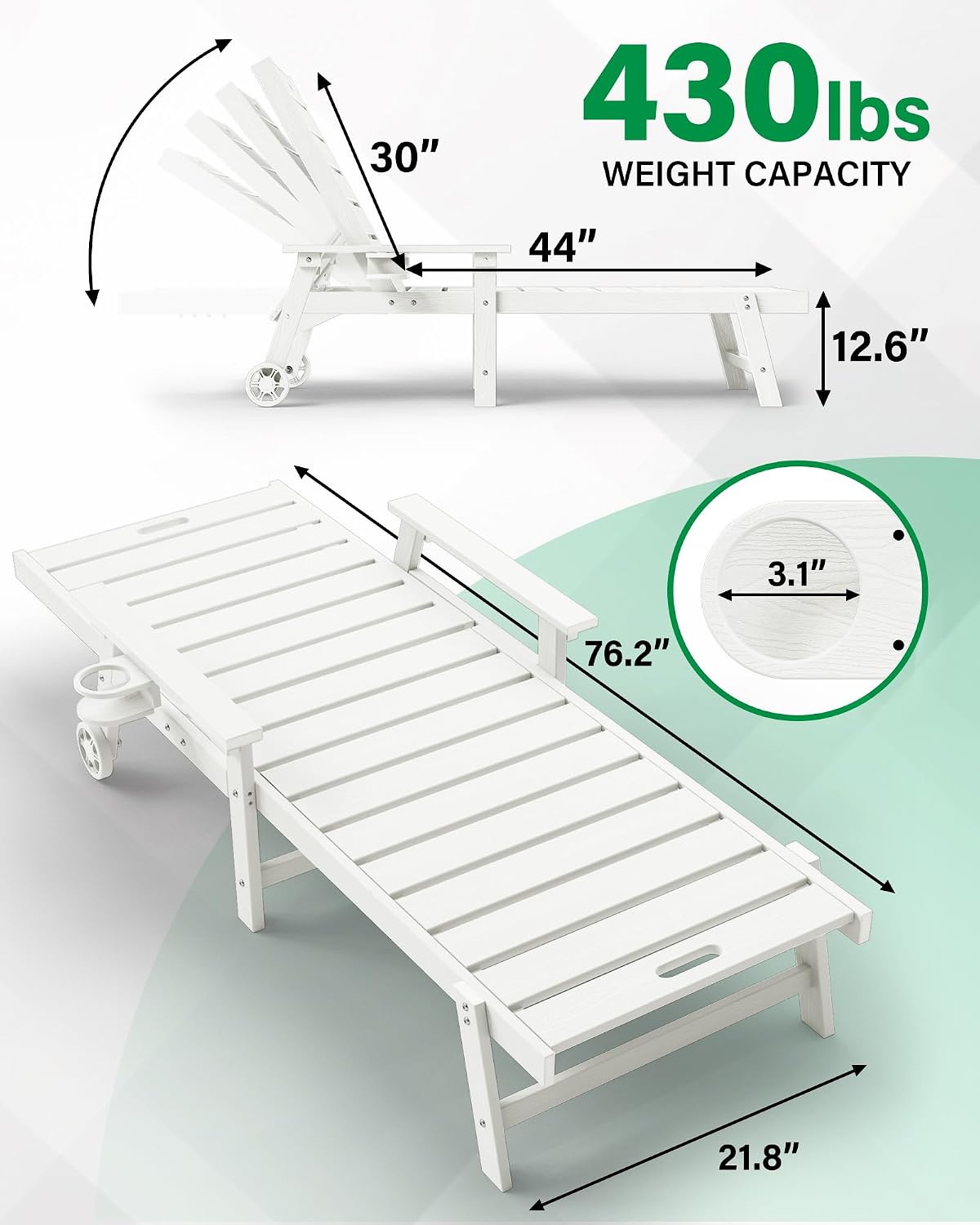 YEFU Lounge Chair Outdoor Set of 2, HIPS Chaise Lounge Outdoor, White | Lounge Chair with Wheels & Cup Holder, 5-Level Adjustable Backrest,Weather Resistance, Easy to Assemble, For Patio/Beach/Pool