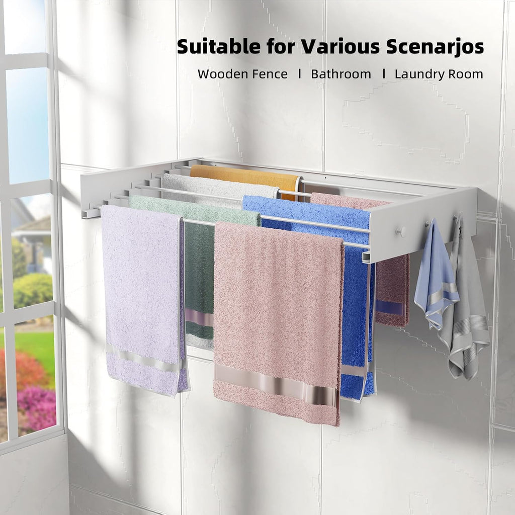 ZMBESUP Upgrade Wall Mounted Drying Rack with 6 Hooks, 31.5" Foldable Laundry Rack, 5 Rods & Hooks Space Saver for Bathroom, Collapsible Clothing Rack with Template for Indoor Outdoor (White)