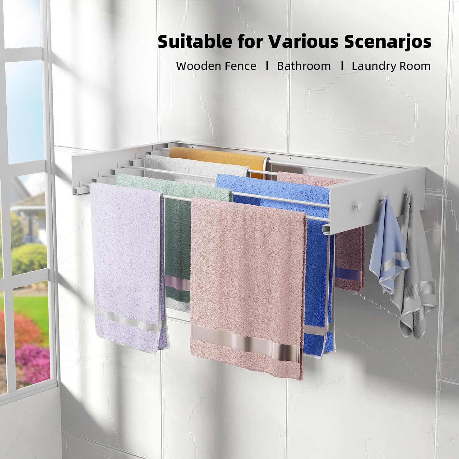 ZMBESUP Upgrade Wall Mounted Drying Rack with 6 Hooks, 31.5" Foldable Laundry Rack, 5 Rods & Hooks Space Saver for Bathroom, Collapsible Clothing Rack with Template for Indoor Outdoor (White)
