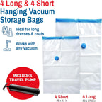 Hanging Vacuum Storage Bags for Clothes & Coats – 8 Pack (4 Small & 4 Large) Vacuum Seal Garment Bags for Hanging Storage – Space Saving Compression Bags for Clothing, Jackets – Transparent