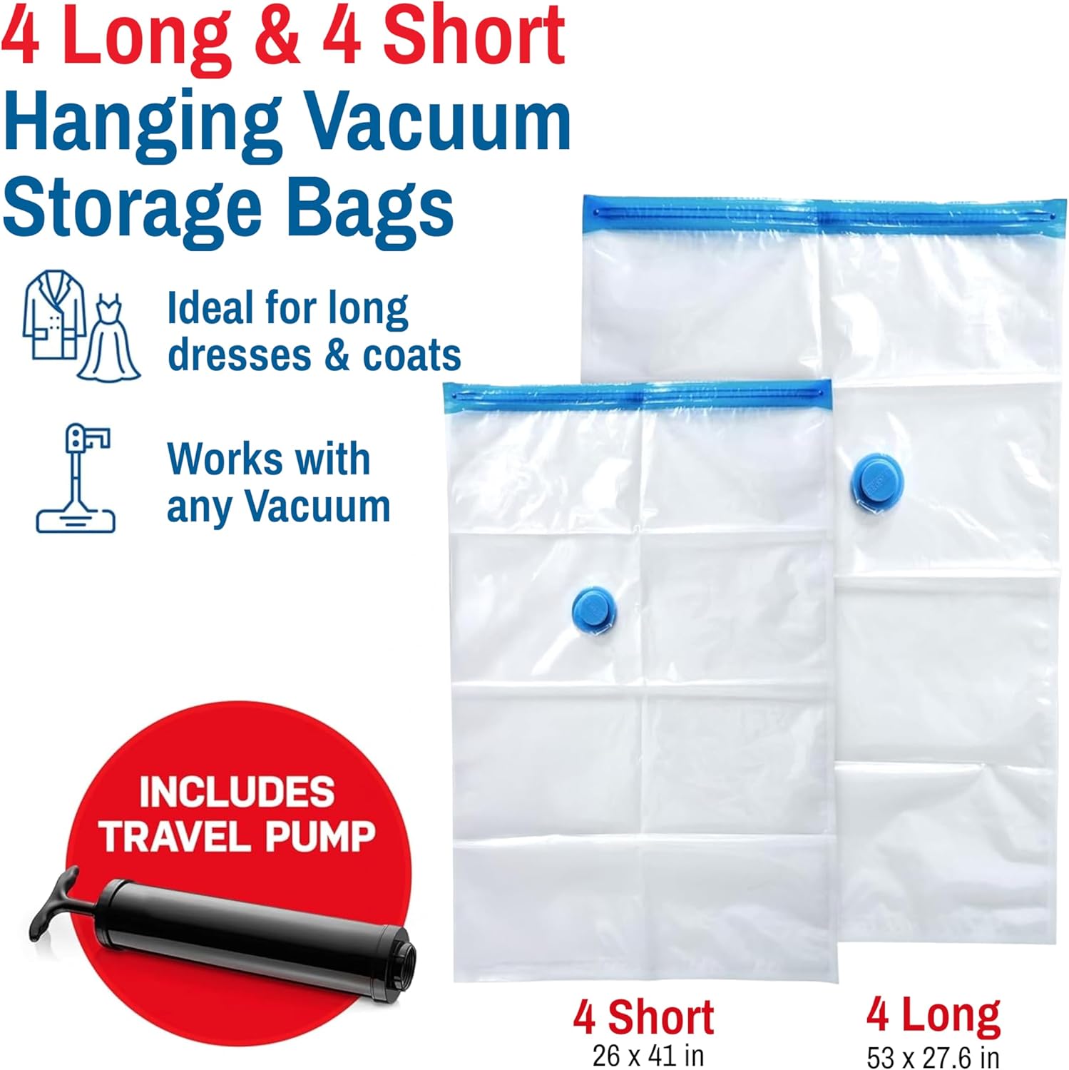 Hanging Vacuum Storage Bags for Clothes & Coats – 8 Pack (4 Small & 4 Large) Vacuum Seal Garment Bags for Hanging Storage – Space Saving Compression Bags for Clothing, Jackets – Transparent