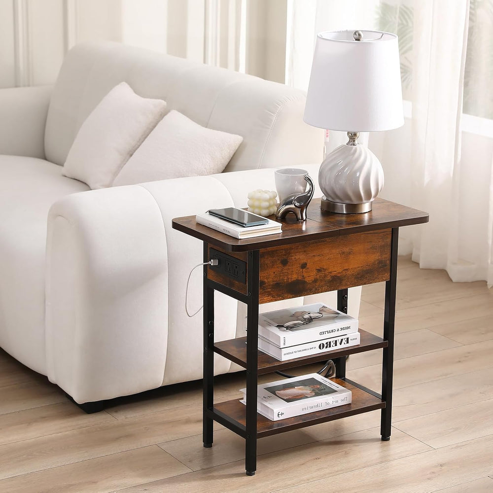 End Table with Charging Station, Narrow Side Table with USB Ports & Outle...