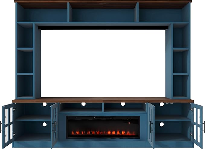 95.5" Entertainment Wall Unit Set with 39.4" Fireplace, Modern TV Stand for Televisions Up to 80", Large Media Console with Cabinets and Tempered Glass Doors for Living Room, Navy Blue