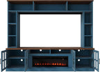 95.5" Entertainment Wall Unit Set with 39.4" Fireplace, Modern TV Stand for Televisions Up to 80", Large Media Console with Cabinets and Tempered Glass Doors for Living Room, Navy Blue