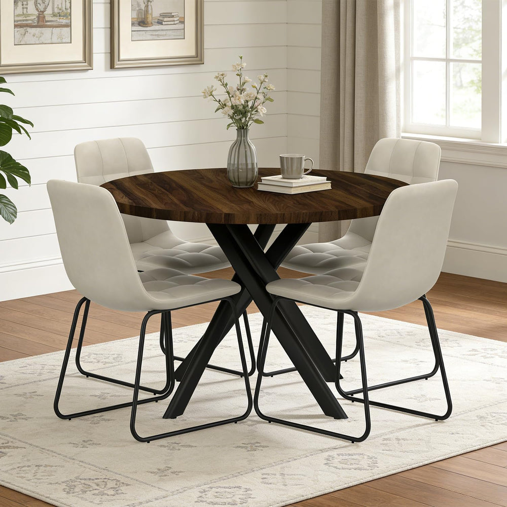 44" Round Dining Table Set for 4, Modern X-Shaped Metal Leg Table | Cush...