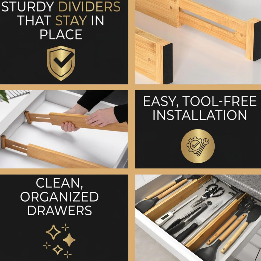 Adjustable Bamboo Drawer Dividers Expandable 8 Pack 17-22 Organizer