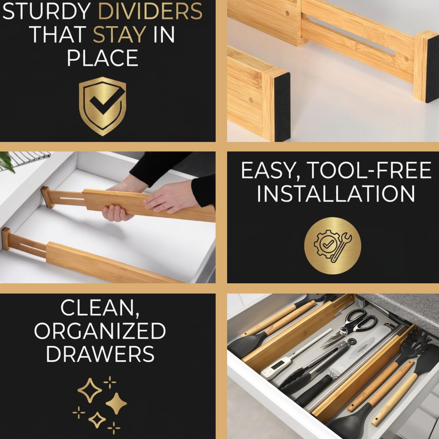 Adjustable Bamboo Drawer Dividers Expandable 8 Pack 17-22 Organizer
