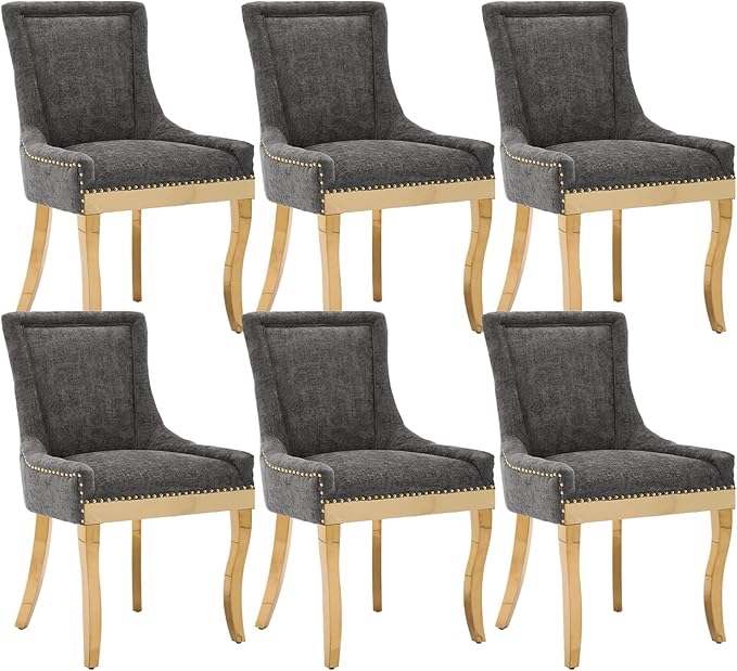 Upholstered Dining Chairs Set of 6, Modern Fabric Side Chairs with Gold Stainless Steel Legs, Accent Kitchen Chairs for Dining Room Table, Grey