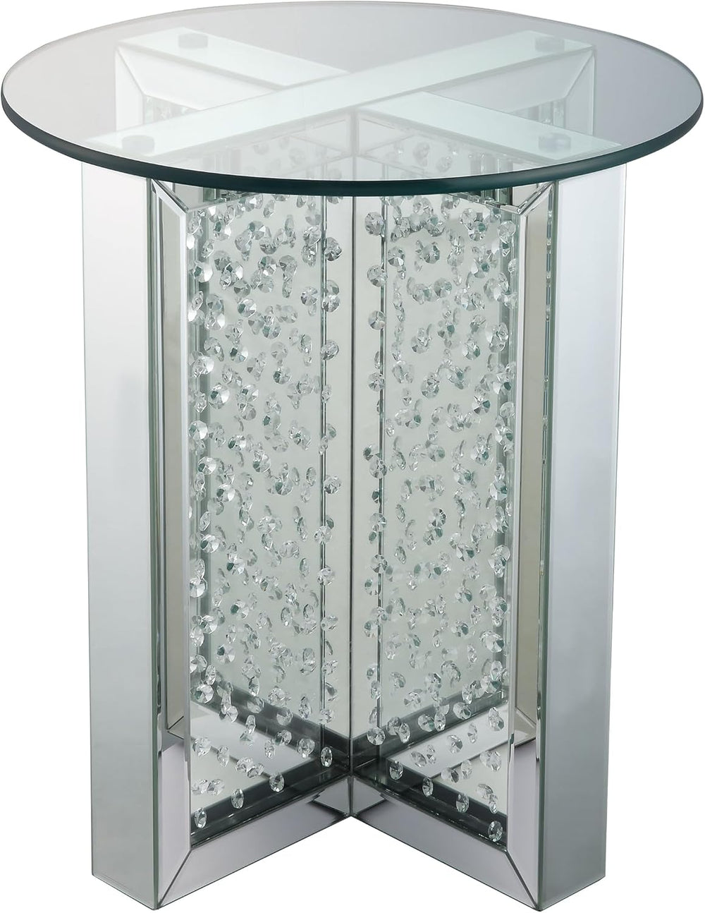 Nysa Modern 21" Round Mirrored End Table with Faux Crystal Inlay, Glam X...