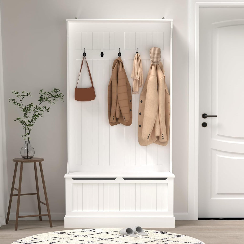 Entryway Bench with Standing Coat Rack, Hall Tree with Shoe Storage Bench, Entryway Organizer with 5 Hooks,for Kitchen Home