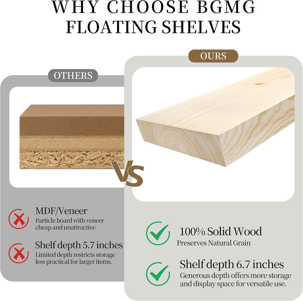 BGMG 30 inch Distressed Walnut Floating Shelves for Wall,High End Solid Real ...