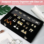 Cirhy Earring Organizer Tray, Earring Box with Clear Lid 80 Slots Velvet Drawer,Earring Tray with Lock, Jewelry Display Case for Women Girls, Black