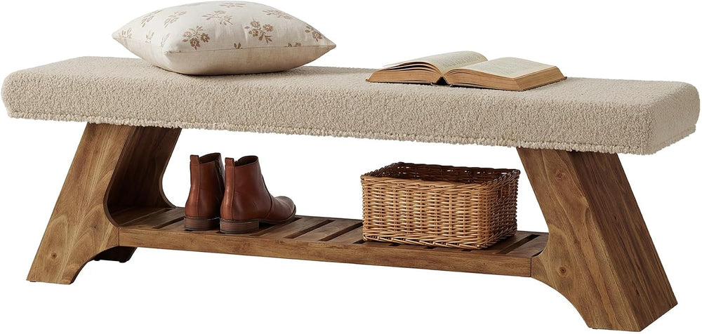 Tribesigns 55" Solid Wood Bench with Cushion and Shoe Storage, 2-Tier Up...