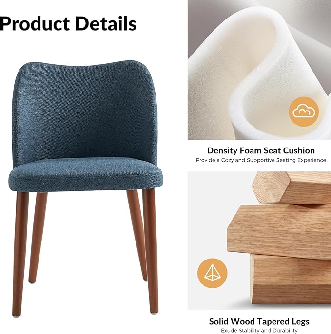 Dining Chairs Set of 2, Upholstered Kitchen Dining Room Chair Set Morden Accent Side Dinner Chair with Curved Padded Back Wood Legs for Restaurant/Cafe, Navy