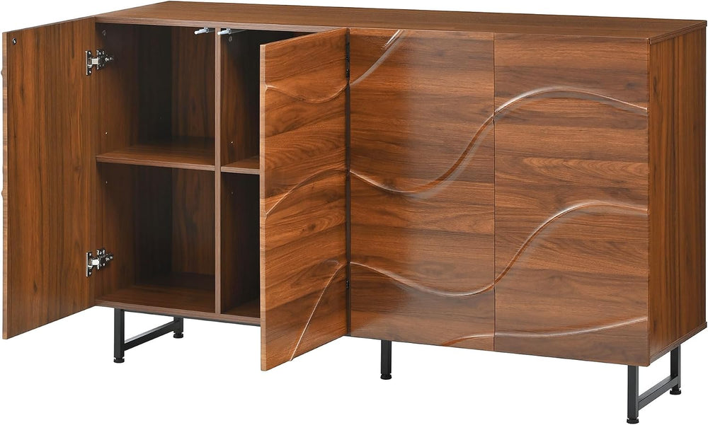 Modern Sideboard with Wave Relief Design, 59 Inch Solid Wood Storage Cabinet ...