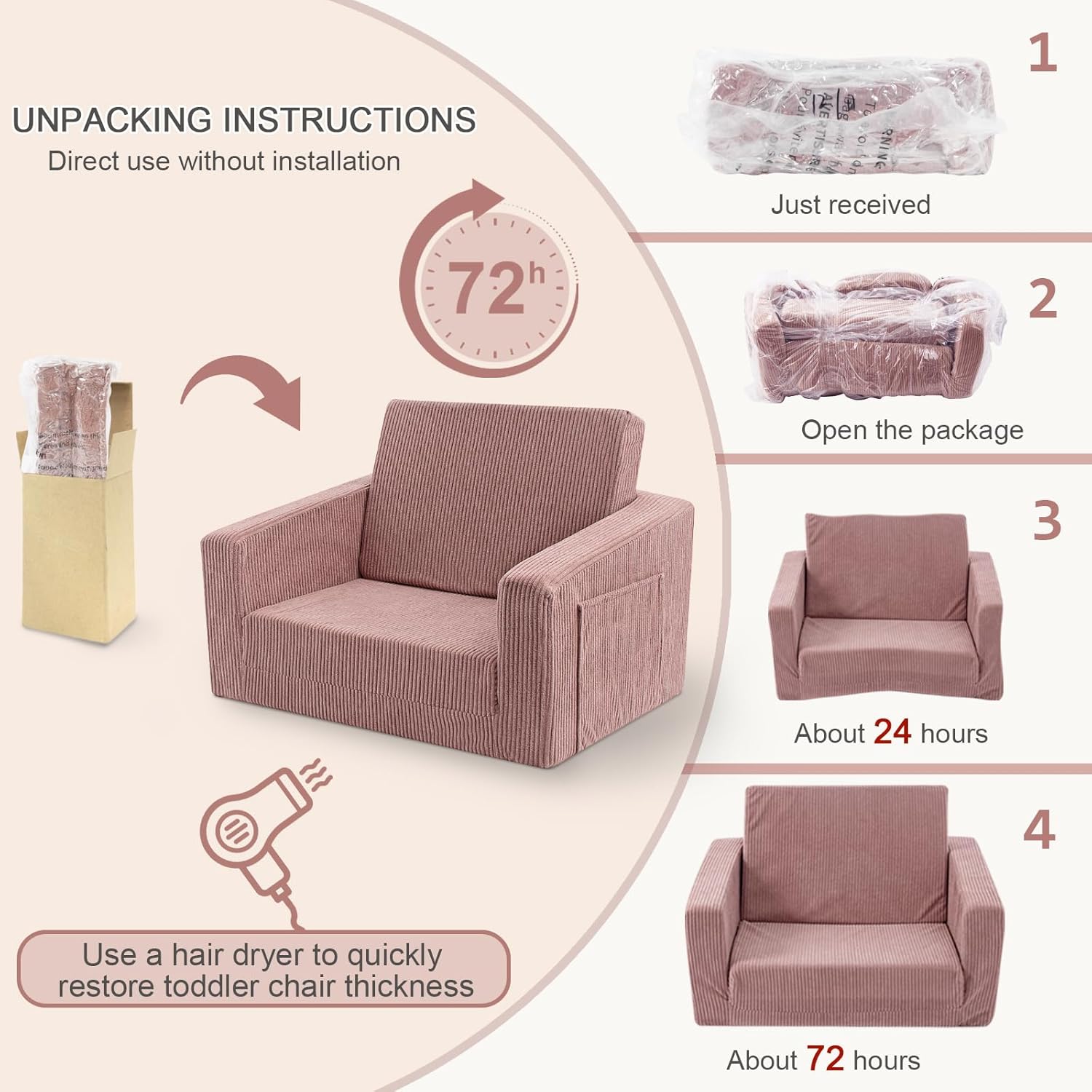 2-in-1 Kids Chair and Couch, Cozy Corduroy Kids Sofa, Pink | Fold-Out Kids Couch, Boys and Girls, Bedroom & Playroom, Reading and Playing, Lightweight, Removable Washable Cover