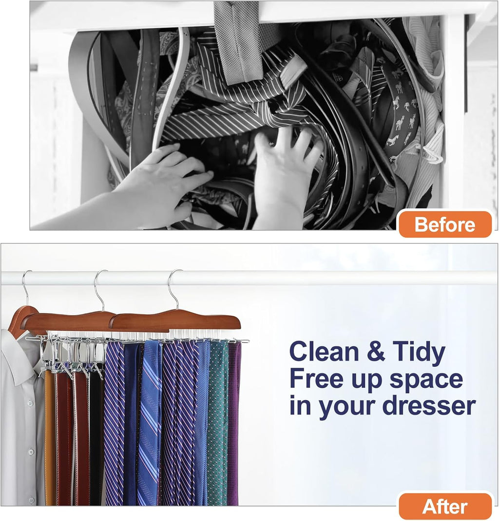 TOPIA HANGER Tie Rack Hanger for Closet 2 Packs, Wooden Tie Organizer for Men with 24 Folding Hooks, Space Saving Necktie Holder for Storage and Display Bra, Tank Top, Camisole (Walnut)-CT14WA-2