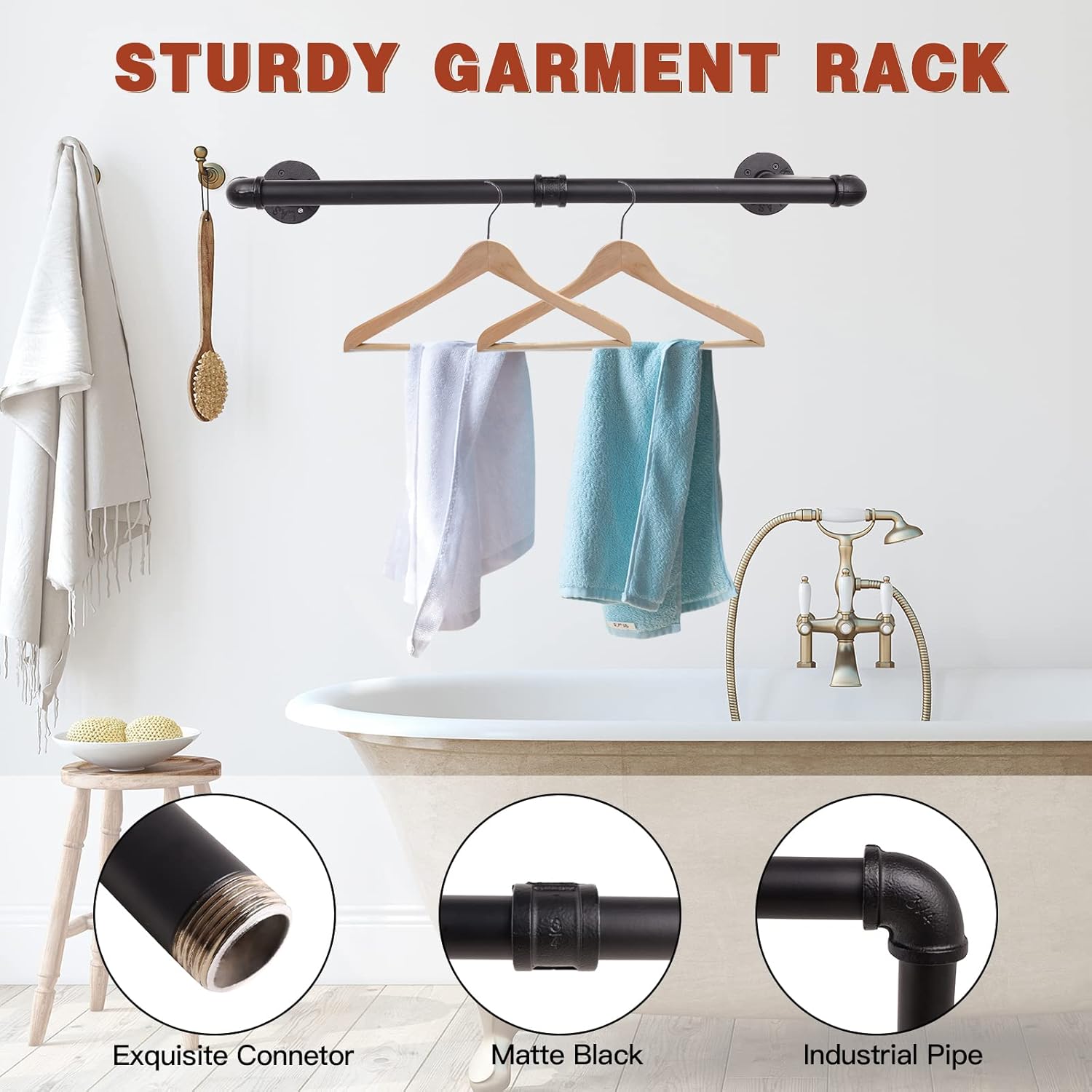 Wall Mounted Clothes Rack - 36" Industrial Pipe Clothing Garment Rack, Space - Saving Heavy Duty Detachable Black Iron Clothes Organizer, Multi-Purpose Hanging Rod for Closet Storage, 2 Base