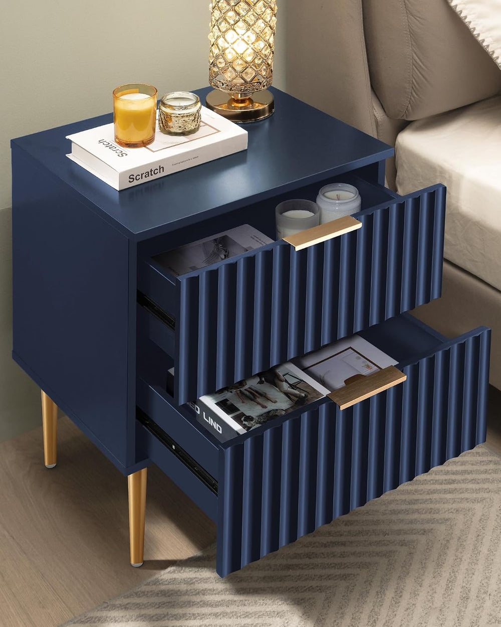 SICOTAS Night Stand Set 2, Fluted Glossy Nightstands Set of 2 with Drawers | ...