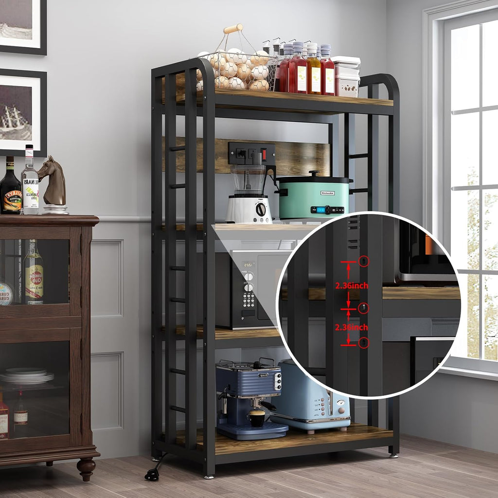 SIREDEEP Bakers Rack with Power Outlet ，4-Tier Kitchen Baker's Rack,Microwave Stand with Storage Suitable for Kitchen, Living Room, Dinning Room，Coffee Bar(Rustic Brown)