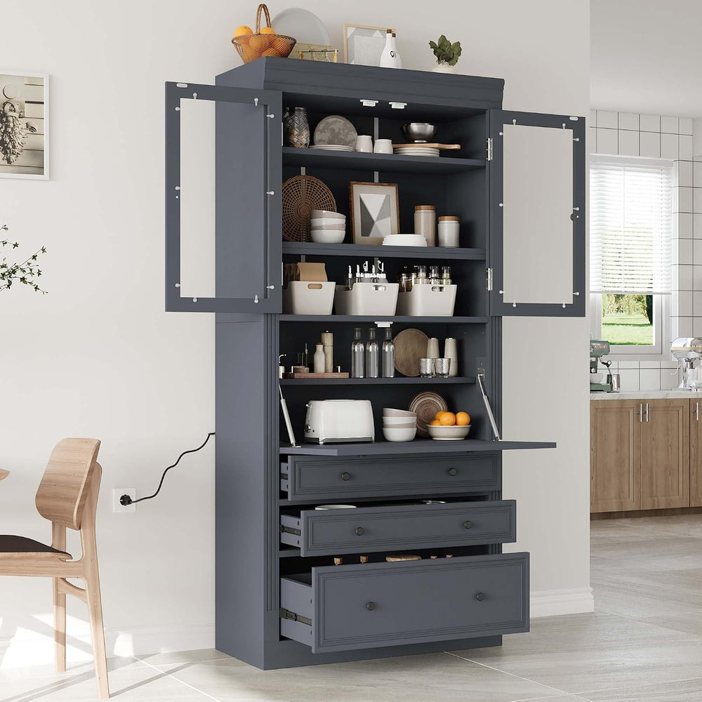 78” Kitchen Cabinet Pantry with 3 Drawers, Food Storage Cabinet with Power Ou...