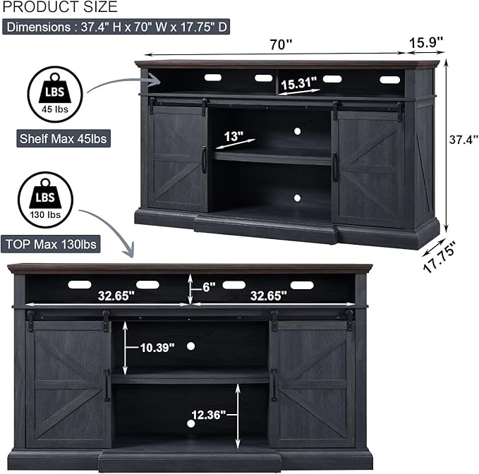 Farmhouse TV Stand for 80 Inch TVs, 37.4"Tall Entertainment Center w/Storage Cabinets and Sliding Barn Door, Media Console Cabinet w/Soundbar & Adjustable Shelves for Living Room, 70 inch (Dark Grey) | for 80 Inch TVs, 38" Tall, Storage Cabinets, Slidi...