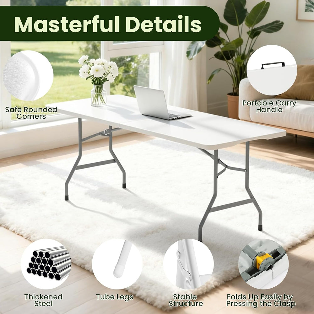 6FT White Plastic Folding Table Set with 6 Black PU Padded Chairs | Portable ...