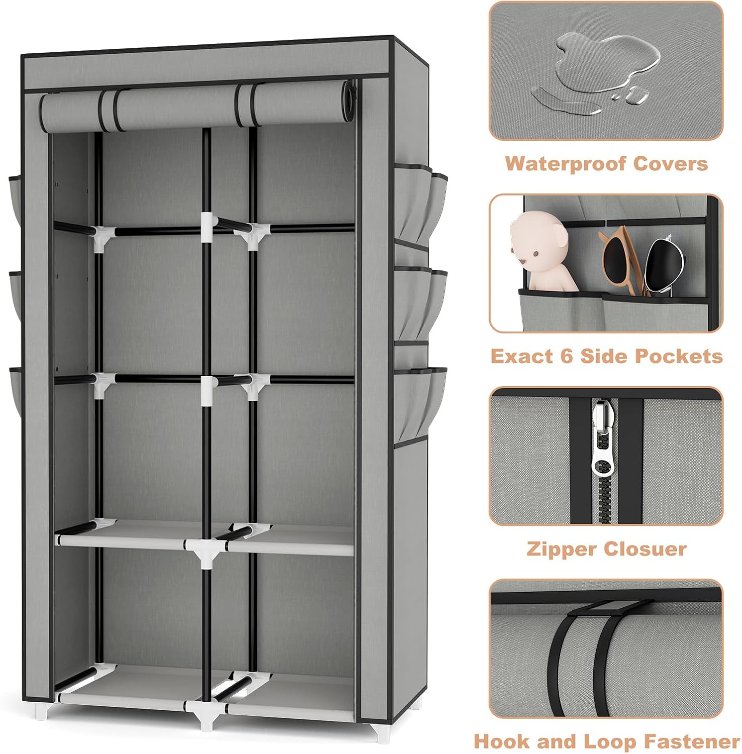 VTRIN Portable Closet Wardrobe for Hanging Clothes with 4 Storage Shelves, 2 Hanging Rods and 6 Pockets, Stable and Easy Assembly Clothes Rack with Cover Free Standing Closet for Bedroom, Grey