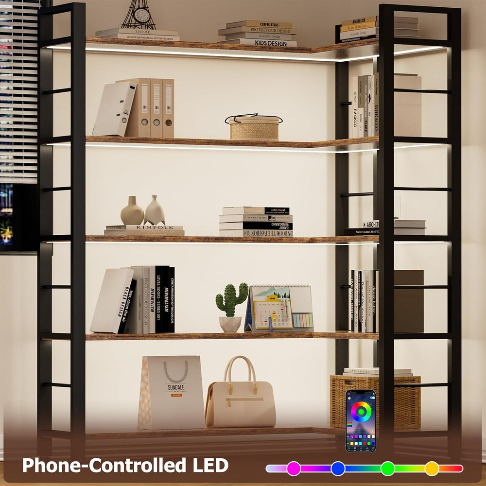 INNOD 65" X 50" Straight Wide 5 Tier Bookshelf with LED Light, L Sh...