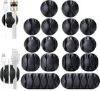 OHill 16-Pack Black Cord Organizer - Adhesive Cable Clips Holder for Desk, Wall, Car - Wire Management Clips for iPhone Charger, USB, Computer Cables -Cord Keepers with Strong Sticky Backing