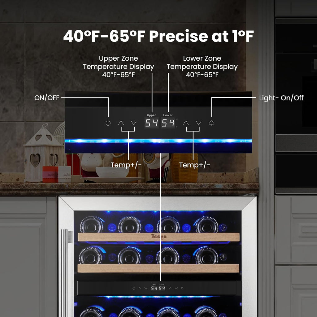 Yeego Wine Fridge Cooler - 24 Inch Dual Zone Wine Fridge Hold 47 Bottles, 40-65°F Wine Refrigerator Glass Door, Built in, Freestanding Under Counter Fridge for Beer Soda Drink Home Bar Office