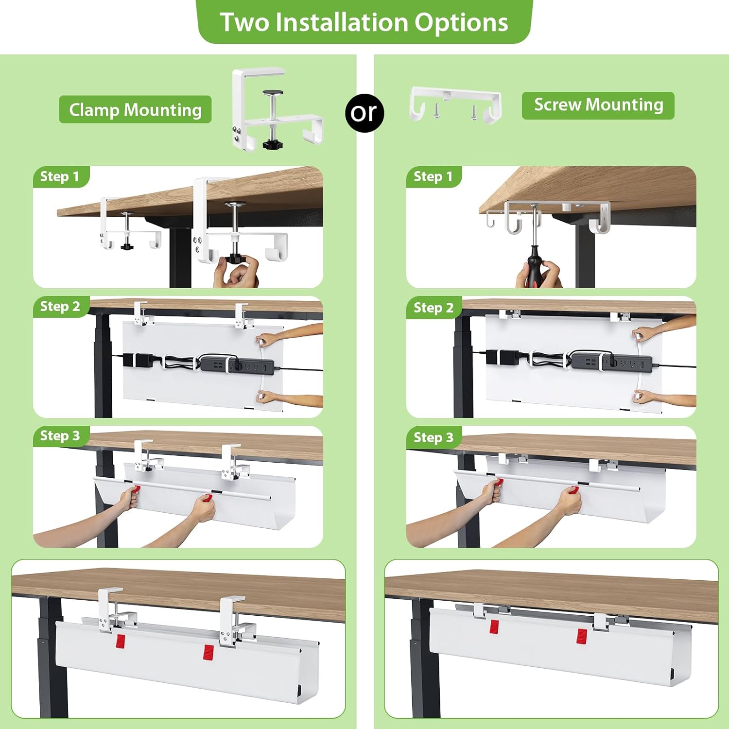 KEEGH No Drill Under Desk Cable Management Tray - 28" Cord Management Under Desk - Clamp/Screw Mount - Support Upto 70lbs - Fabric Wire Management - Gaming/PC Cable Raceways for Office/Home, White