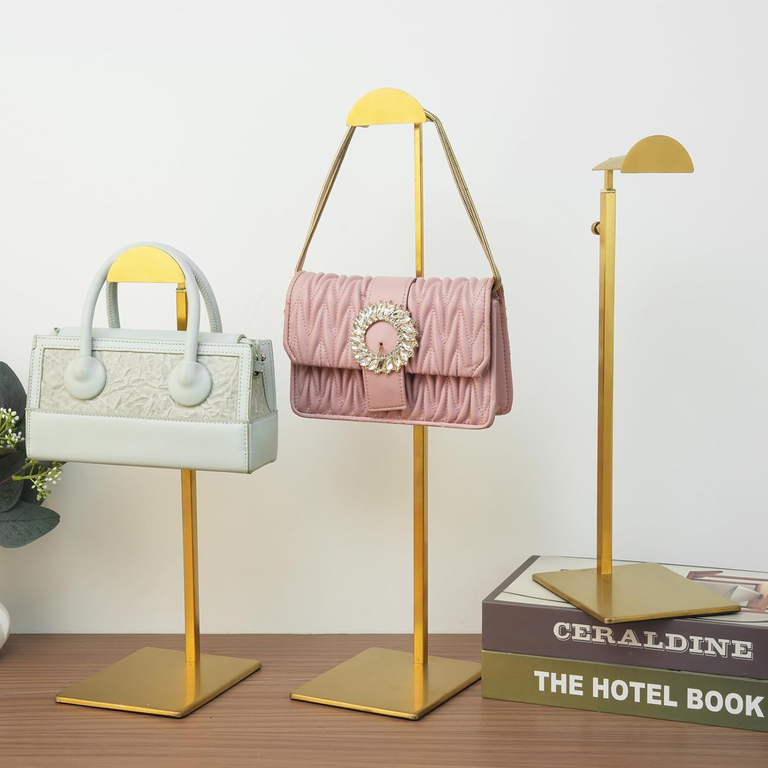 Purse Display Stand 3PCS More Thickened Base Handbag Rack for Bag Organizer Stainless Steel Adjustable Height Home Store Boutique Counter Vendors (Titanium Color)