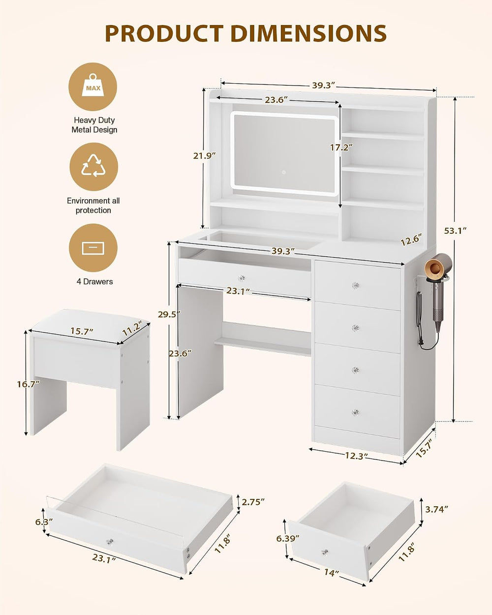 LIVELYGLOW 39.4" White Vanity Desk Set with Glass Desktop & RGB Ligh...
