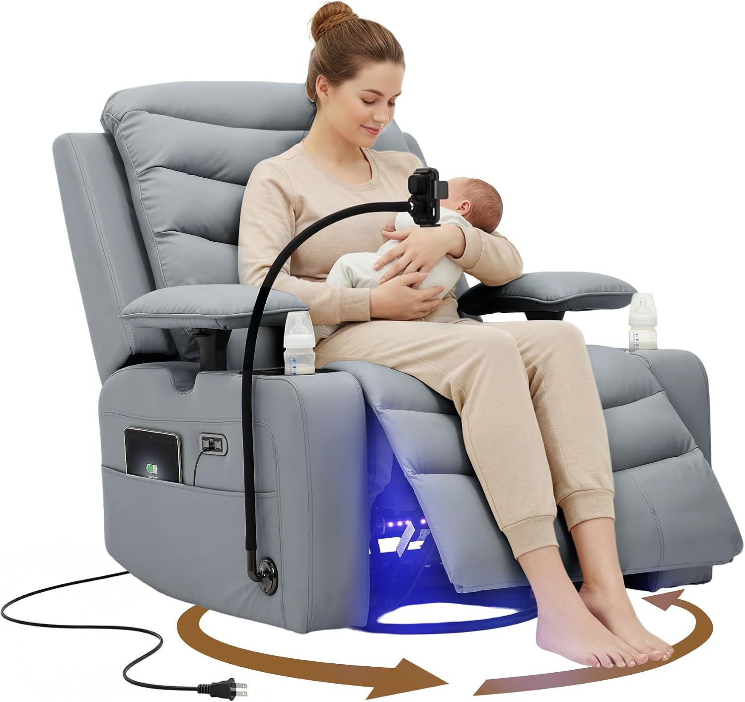 Olela Nursery Glider Recliner Chair - Electric Swivel Rocker with Heated Lumbar, Smart Cup Holder, USB Charging Ports, Blue Grey PU Leather
