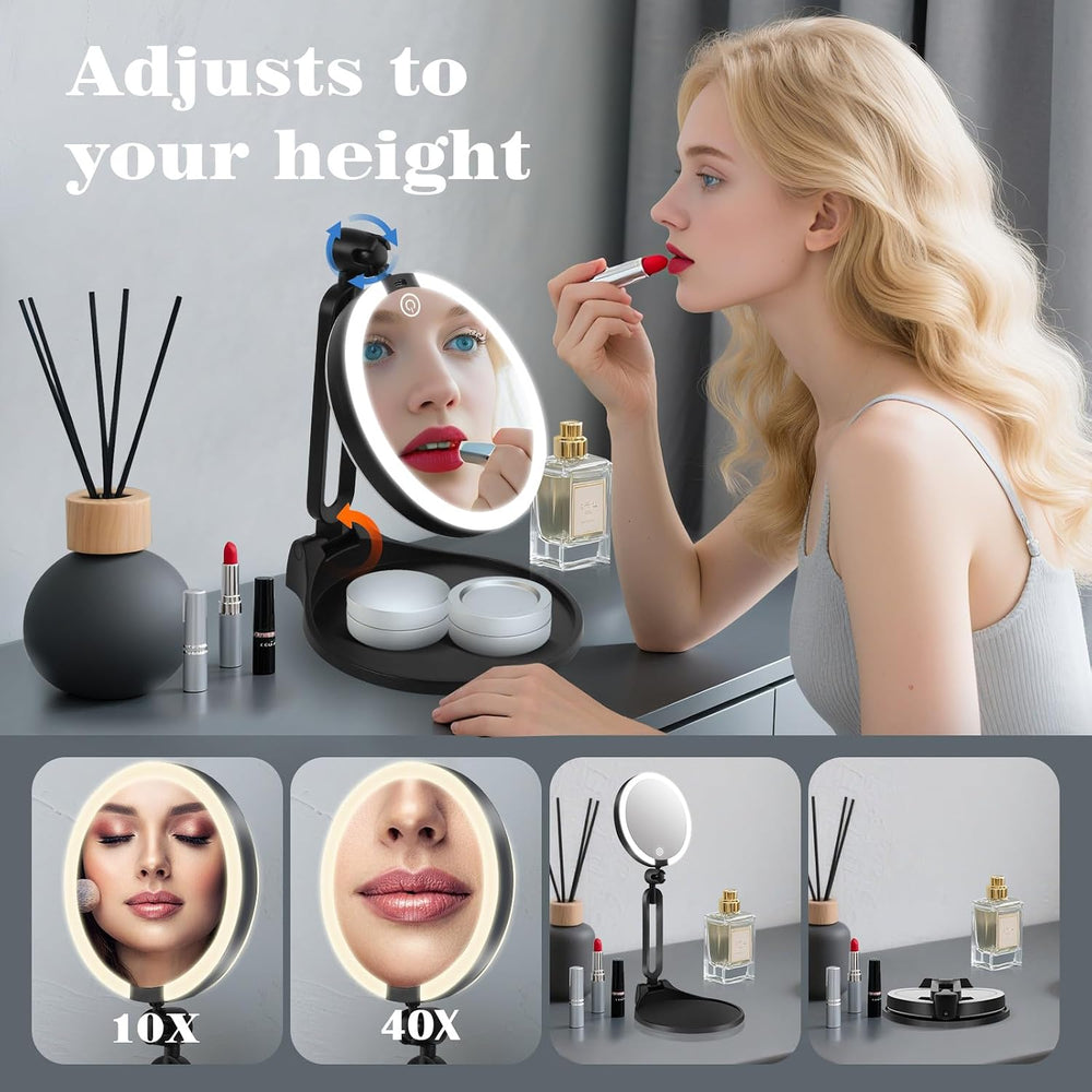 Lighted Makeup Mirror with magnification 40X/1X, Foldable Double-Sided