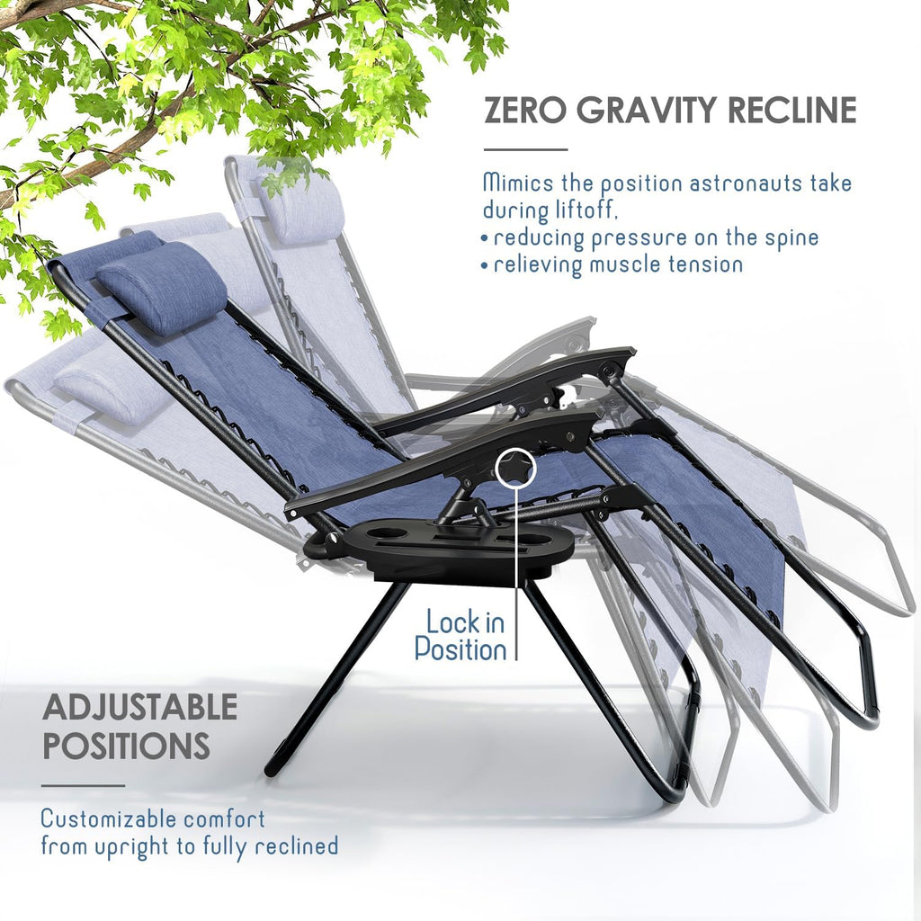 Nestl Zero Gravity Chairs, Portable Patio Lounge Chair Outdoor with Pillows & Cup Holder Trays, Adjustable Steel Mesh Reclining Camping Chair, Folding Patio Lawn Chair for Deck, Beach, Yard - Blue