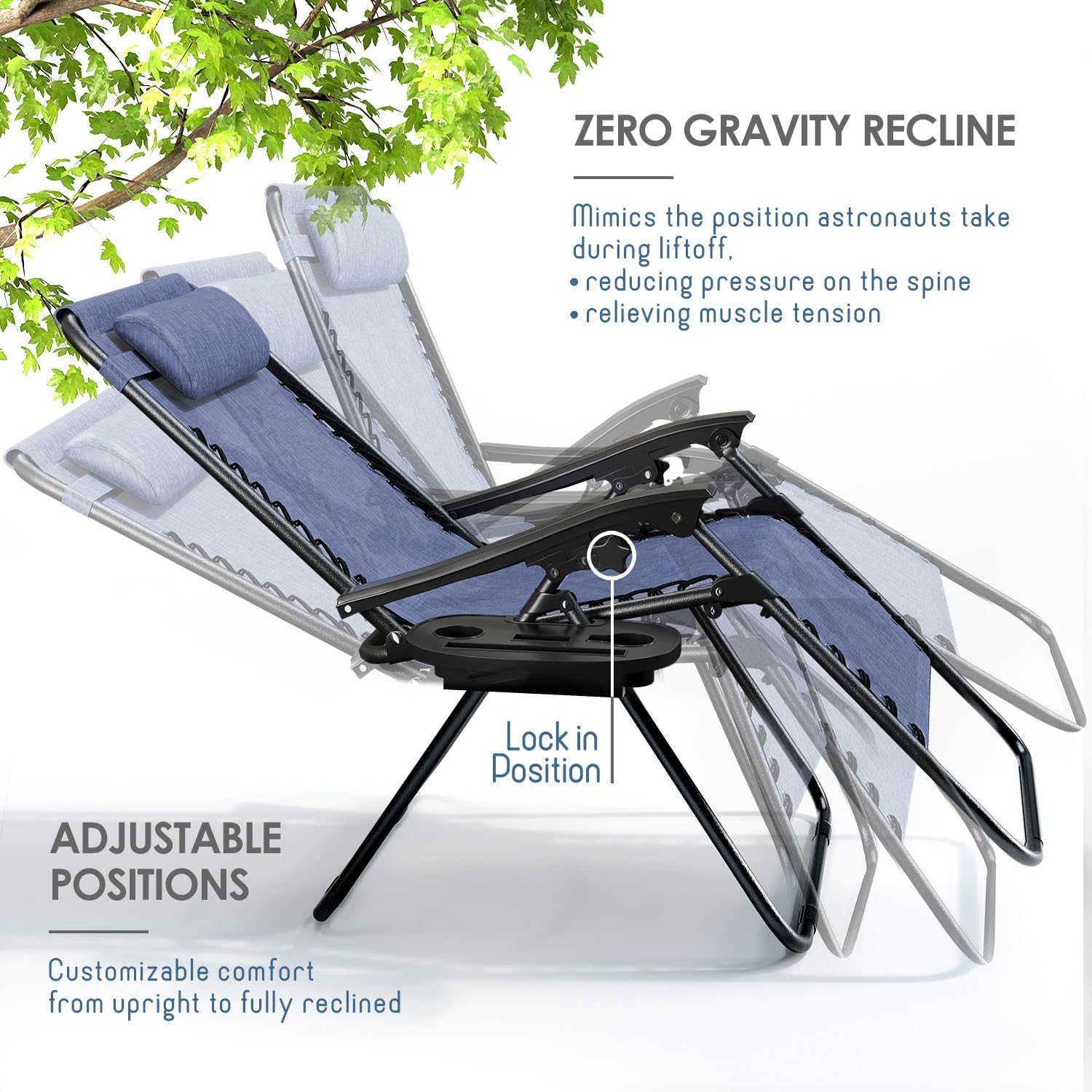 Nestl Zero Gravity Chairs, Portable Patio Lounge Chair Outdoor with Pillows & Cup Holder Trays, Adjustable Steel Mesh Reclining Camping Chair, Folding Patio Lawn Chair for Deck, Beach, Yard - Blue