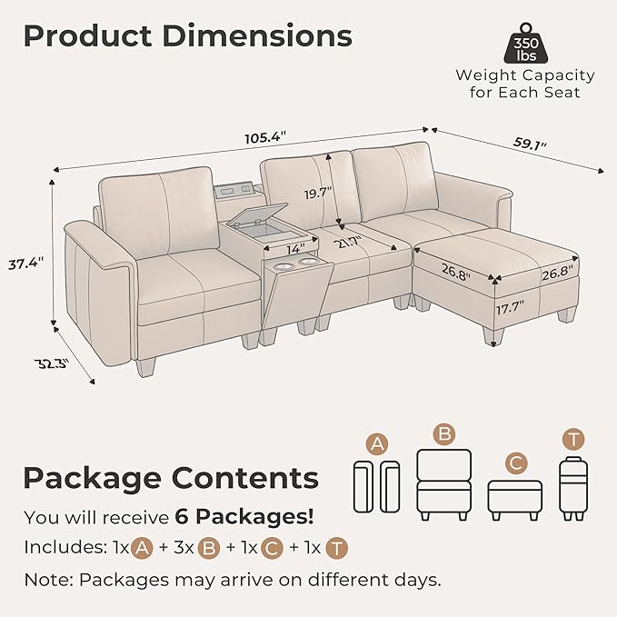 SITJOY 105" Faux Leather Modular Sectional Sofa with Storage, Mid Century Modern Sectional Couches for Living Room, 4 Seat L Shaped Couch with Ottoman and Console Table, Hidden Cupholders, Brown