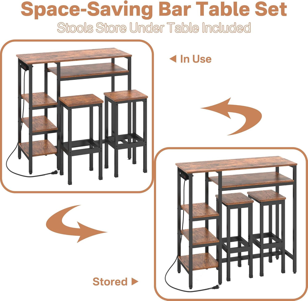 3-Piece Bar Table and Chairs Set,Counter Height Bar Table Set with Power Outl...