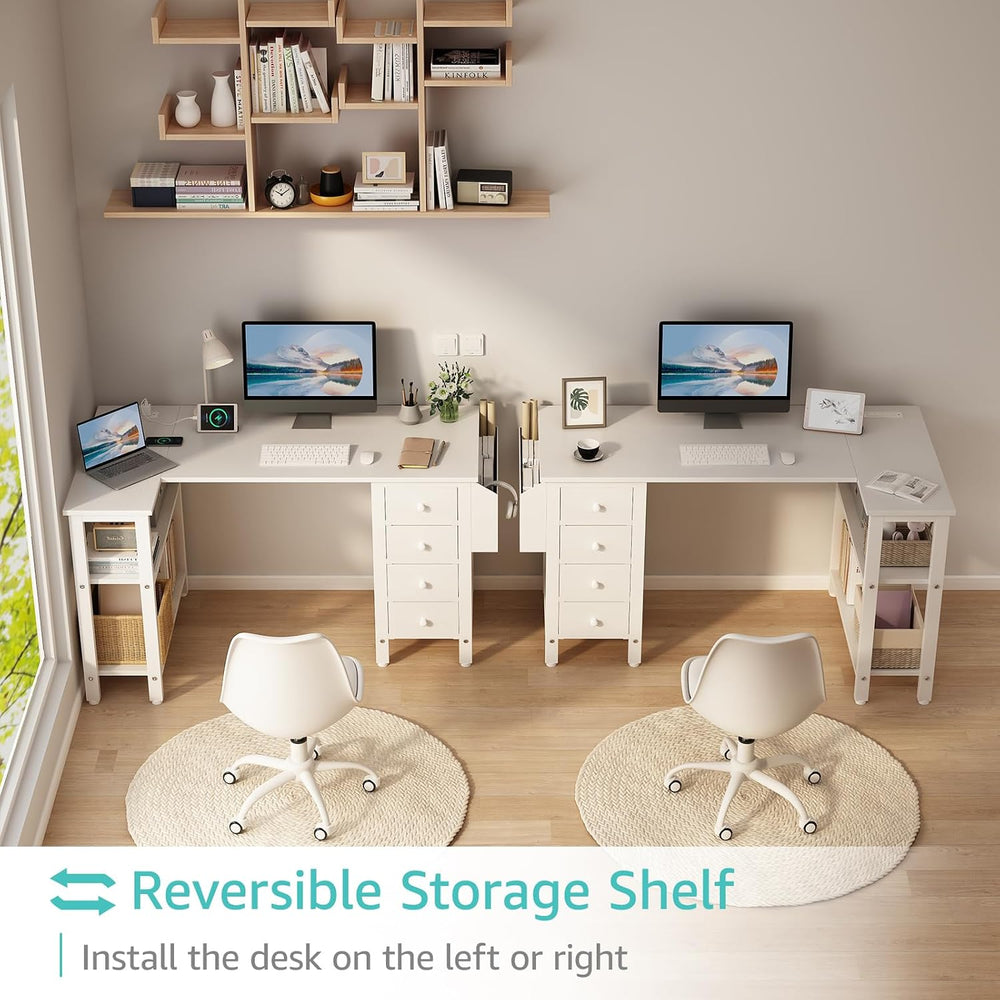 Lufeiya White L Shaped Computer Desk with Drawers & Storage Shelves, 47 I...