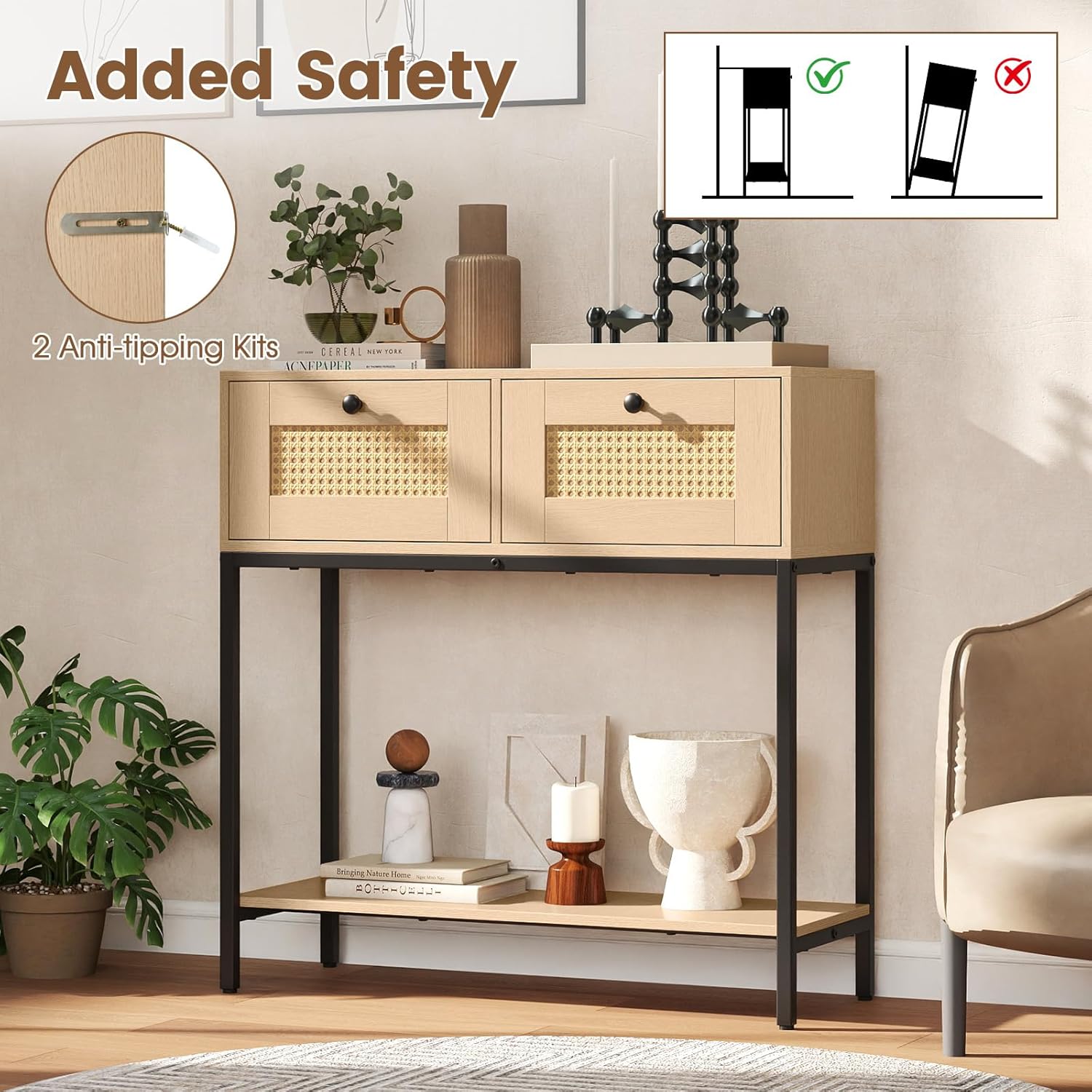 GOFLAME Rattan Console Table, Boho Entryway Table with 2 Drawers & Open Storage Shelf, Narrow Long Sofa Table with Metal Legs, Foyer Table Behind Couch Table for Living Room, Hallway, Natural