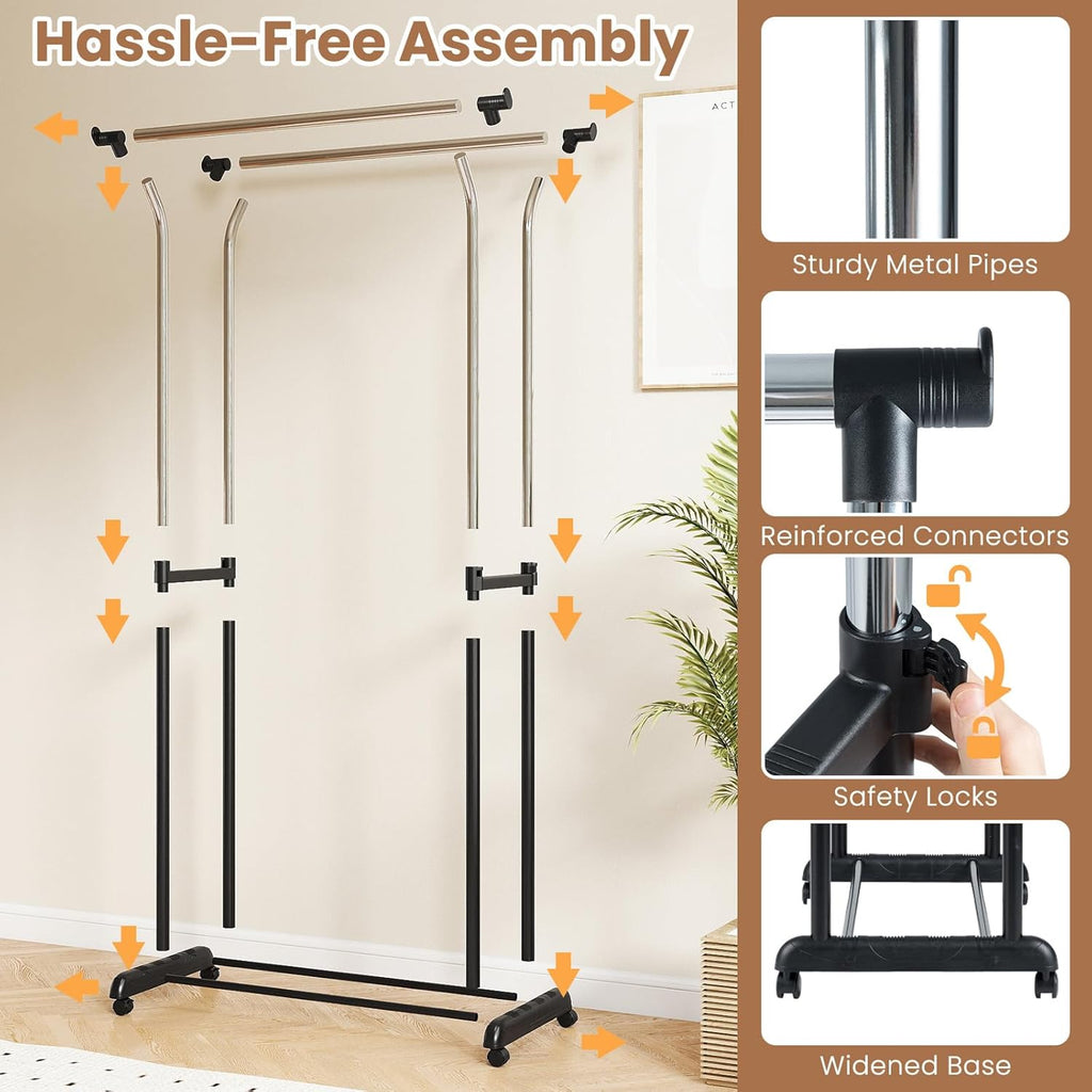 COSTWAY Double Rod Clothing Rack, Rolling Garment Rack with Shelf, Wheels, Adjustable Height Heavy Duty Metal Clothes Racks for Hanging Clothes for Dressing Room, Laundry, Living Room
