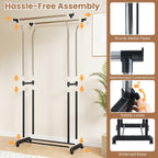 COSTWAY Double Rod Clothing Rack, Rolling Garment Rack with Shelf, Wheels, Adjustable Height Heavy Duty Metal Clothes Racks for Hanging Clothes for Dressing Room, Laundry, Living Room