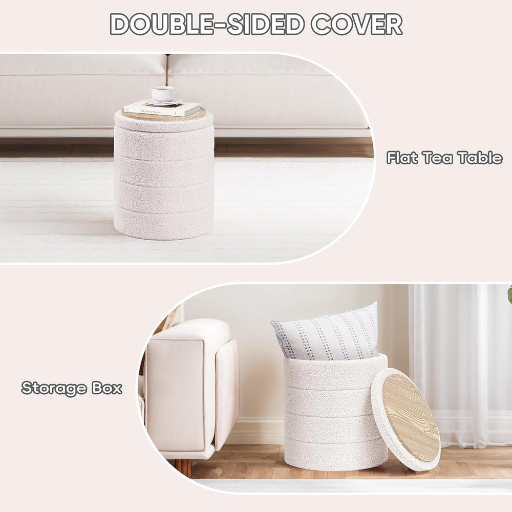 PINPLUS Round Storage Ottoman Foot Rest Stool with Tray Velvet Sherpa Folding...