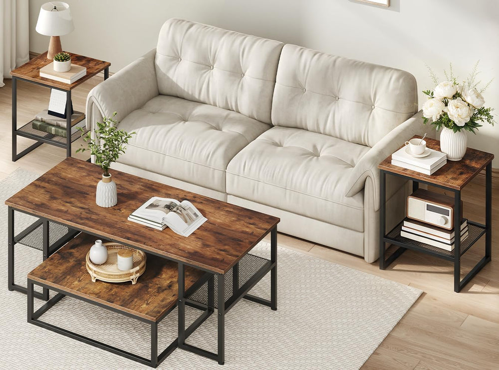 Coffee Table Set of 4, Nesting Coffee Table and 2 Side Tables | Industrial Sq...
