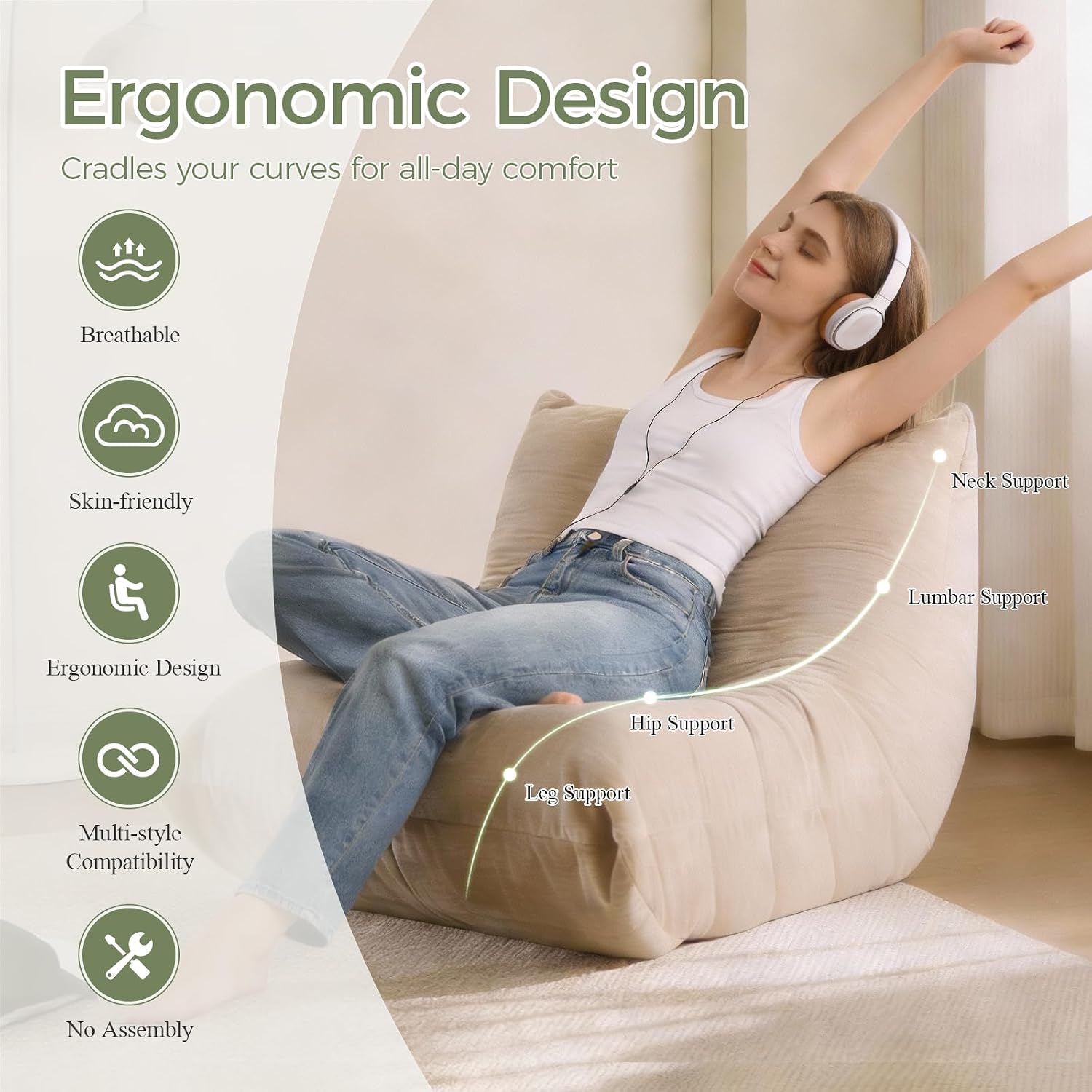 SUYOLS Bean Bag Chair, Fireside Chair Big Bean Bag Sofa for Adults/Teens, Memory Foam Bean Bag Gaming Chairs with Comfy Design & Premium Fabric, Lazy Floor Sofa for Living Room, Bedroom, Beige