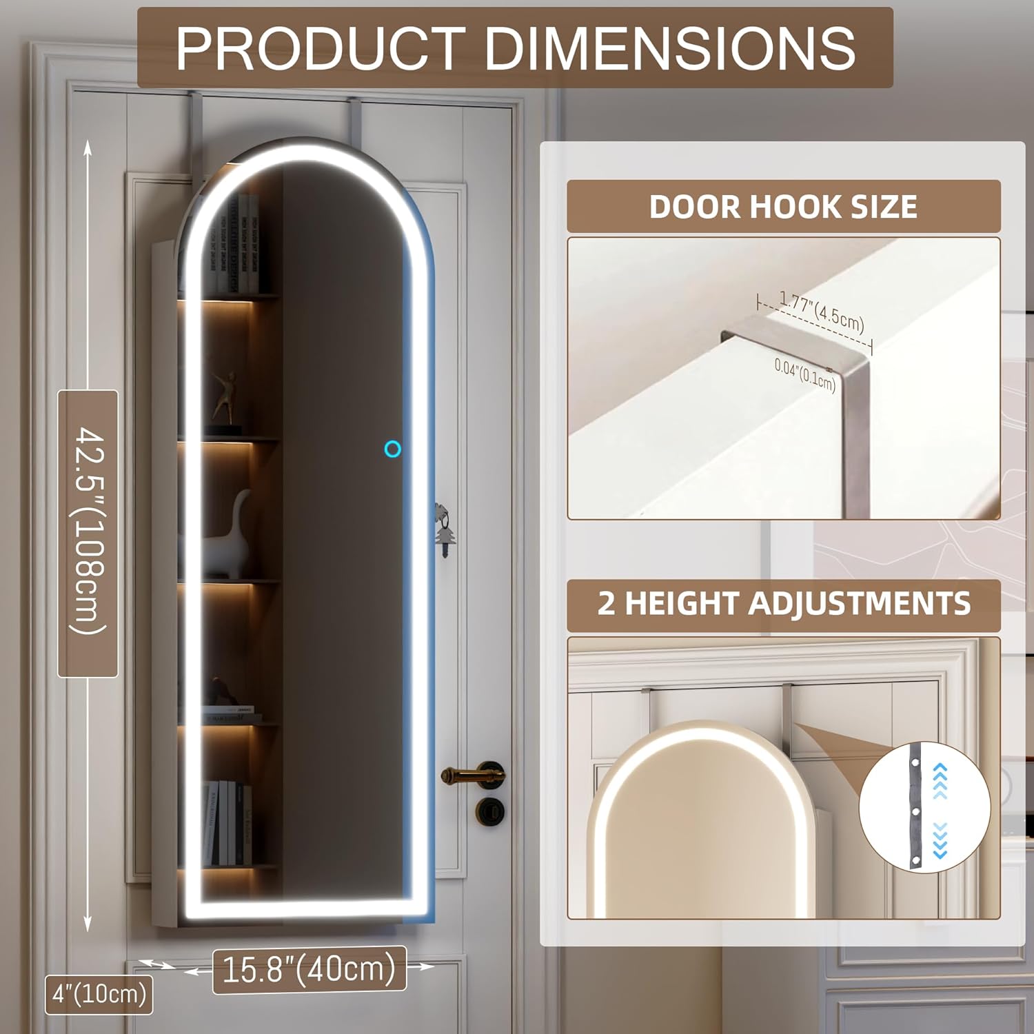LVSOMT Wall Mounted Jewelry Organizer Lockable, 43"x16" Door Hanging Arched Mirror with Lights and Jewelry Storage, 6 LEDs Jewelry Cabinet (White)