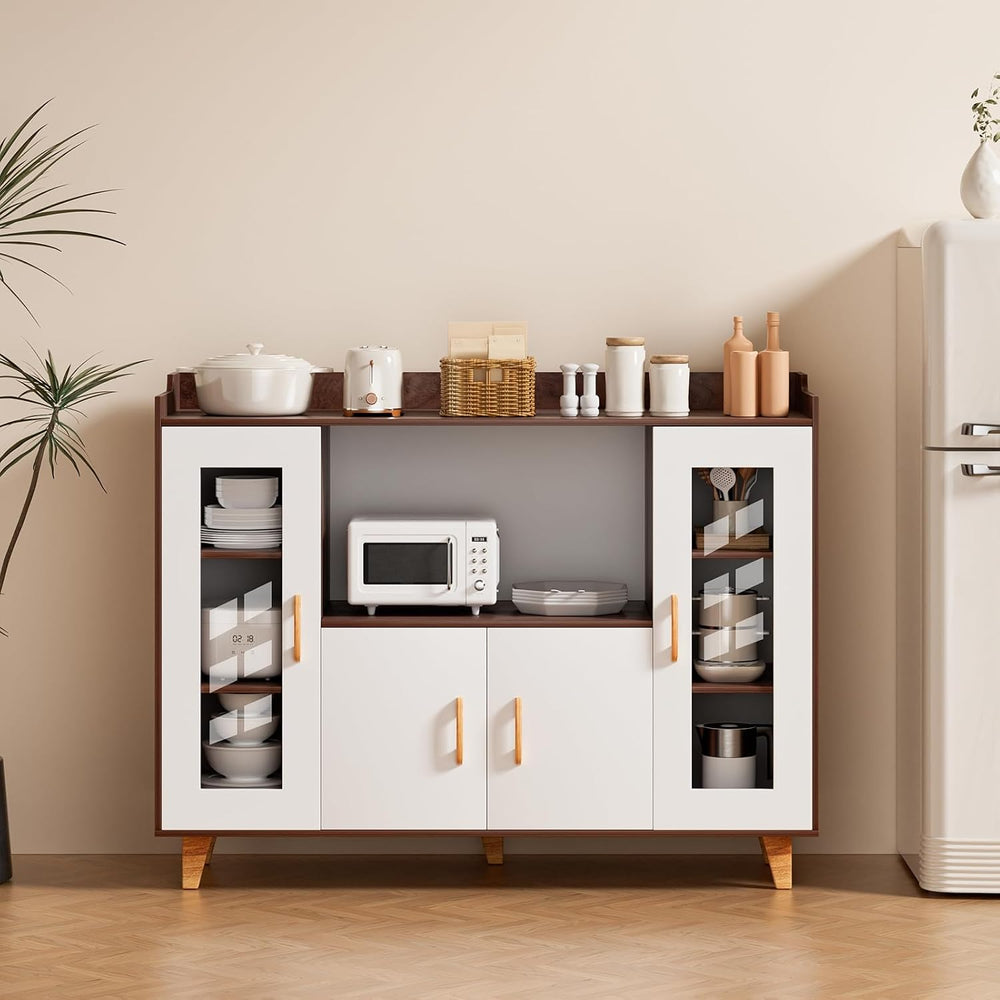 120cm Kitchen Storage Cabinet with 4 Doors & Open Shelf, Wood Grain Buffe...