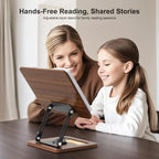 Book Stand for Reading, 360° Rotating Hands Free Book Holder, Adjustable Height and Angle, Page Clip for Cookbook, Recipe, Magazine, Laptop,Tablet, Foldable for Kitchen, Office, School